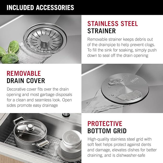 DELTA FAUCET Rivet 33-Inch Workstation Kitchen Sink Drop-In Top Mount 16 Gauge Stainless Steel 50/50 Double Bowl with WorkFlow Ledge and Chef’s Kit of 8 Accessories, 95A931-33D-SS