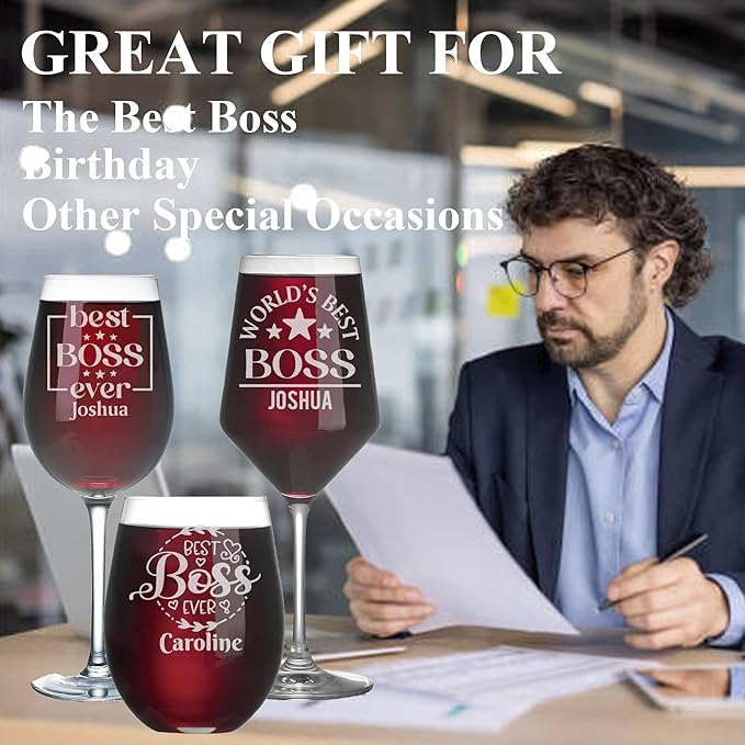 Personalized Boss Gifts for Women, Custom Wine Glass with Engraved Name, Birthday Farewell Retirement Christmas Boss Day Gift for Coworkers Staff Leader Office Decor