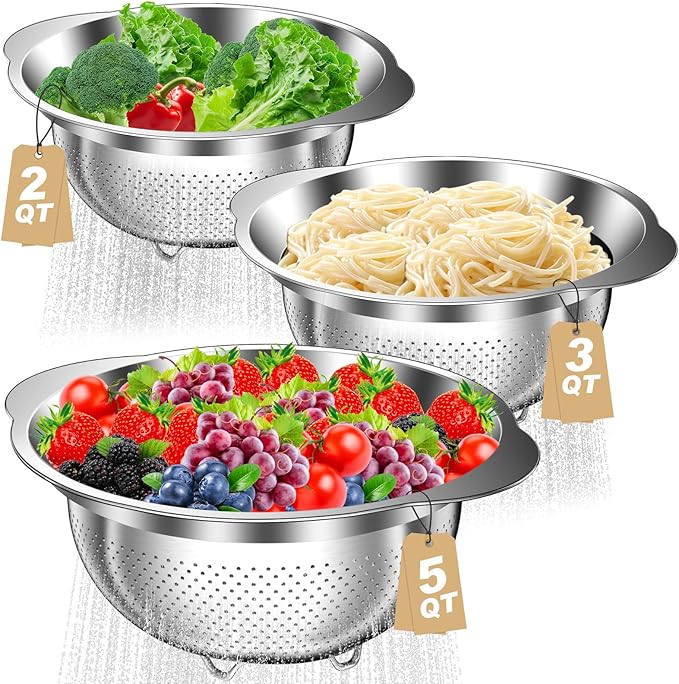 Colander, Stainless Steel Colander for Kitchen, 3Pcs Kitchen Gadget Food Strainer Basket with Handle, Kitchen Strainer Colanders Bowl for Pasta Noodles Spaghetti Vegetables Fruit (2QT, 3QT, 5QT)