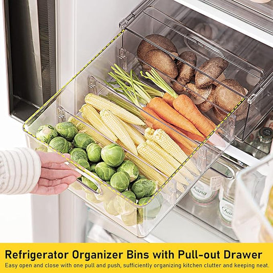 4 Pack Refrigerator Organizer Bins with Pull-out Drawer Stackable Clear Fridge Drawer Organizer Fruit Vegetable Storage Containers for Kitchen Pantry Organization (2 Large+2 Small)