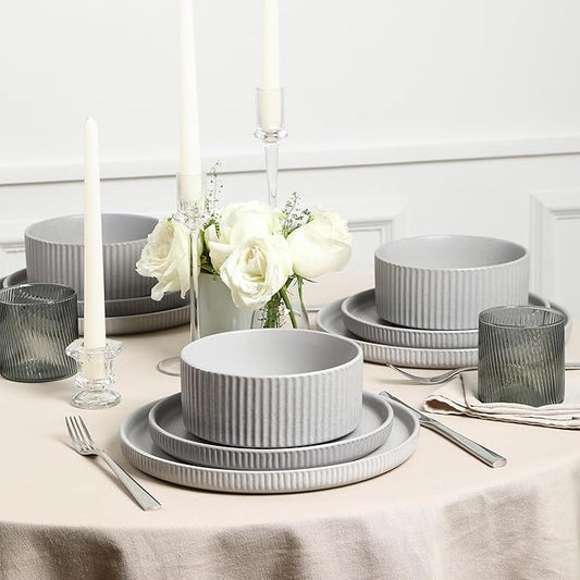 Stone Lain Haven Stoneware 12-Piece Dinnerware Set, Grey - Plates and Bowls Sets for 4, Elegant Dish Set, Includes Dinner Plates, Salad Plates Cereal Bowls, Microwave & Dishwasher Safe