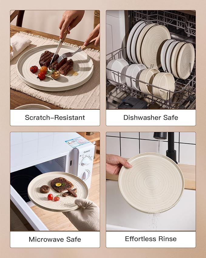 Stoneware Dinnerware Sets, Dish Set for 6, 18 Pieces Spiral Dishware Set with Straight Rim, Speckles & Reactive Glaze - Microwave and Dishwasher Safe Tableware, Shell Beige