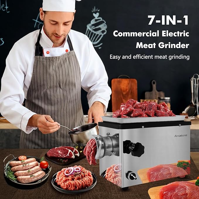 Anatole Commercial Electric Meat Grinder 1.8 HP 1300 W All Stainless Steel Meat Bones Mincer Heavy Duty Sausage Stuffer with 6 Grinding Plates 4 Blades for Restaurant Hotel 110V