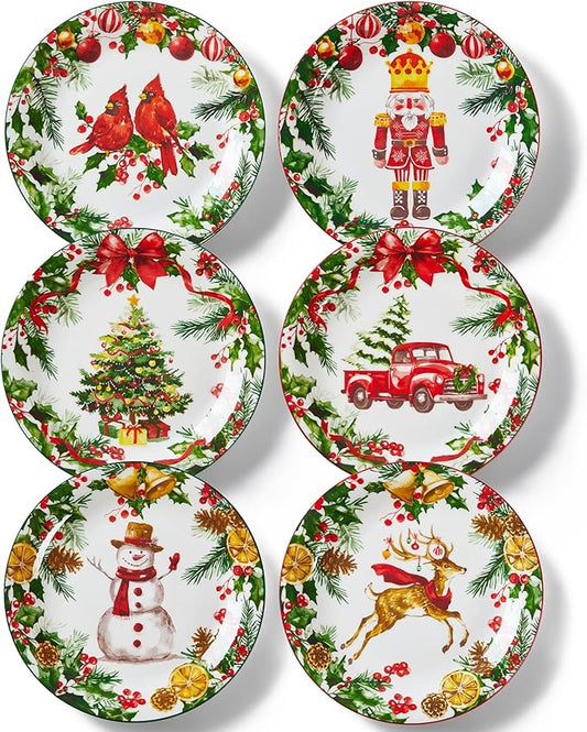 Christmas Salad Plates, 8 Inch Ceramic Plate Set, Appetizer Dishes for Pasta, Side Dishes, Holiday Treats, Dishwasher & Microwave Safe, Set of 6
