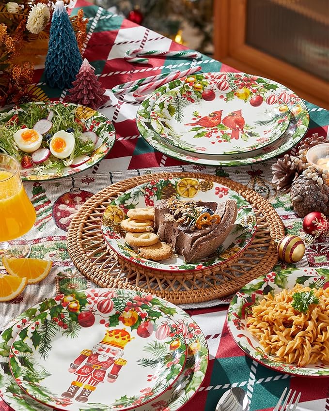 Christmas Salad Plates, 8 Inch Ceramic Plate Set, Appetizer Dishes for Pasta, Side Dishes, Holiday Treats, Dishwasher & Microwave Safe, Set of 6