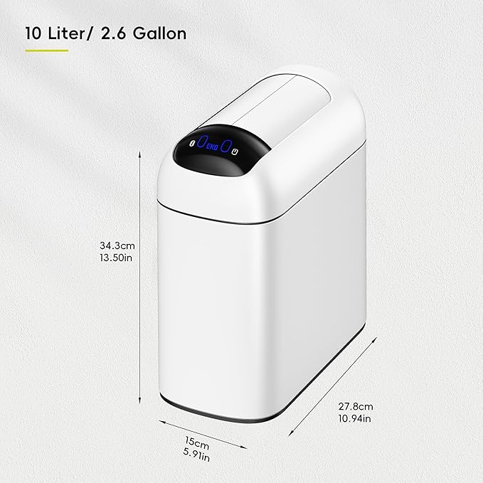 EKO Astro Slim Sensor Trash Can, 10L / 2.6 Gallon Touchless Garbage Bin with Soft-Close Butterfly Lid, Motion Sensor Stainless Steel Garbage Can for Bathroom, Kitchen, Office, Matte White, Waterproof