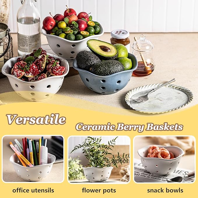 Gomakren Ceramic Berry Basket Set of 2, Rustic Fruit Basket Container 6 Inch, Fruit Bowl with Holes for Kitchen, Berries, Strawberry, Grape, Cherry, Floral Shape - Cream White