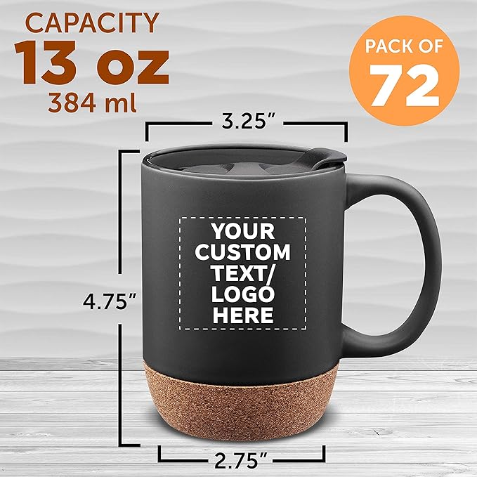 Custom Barista Ceramic Mugs with Cork Bottom 13 oz. Set of 72, Personalized Bulk Pack - Perfect for Coffee, Tea, Espresso, Hot Cocoa, Other Beverages - Black
