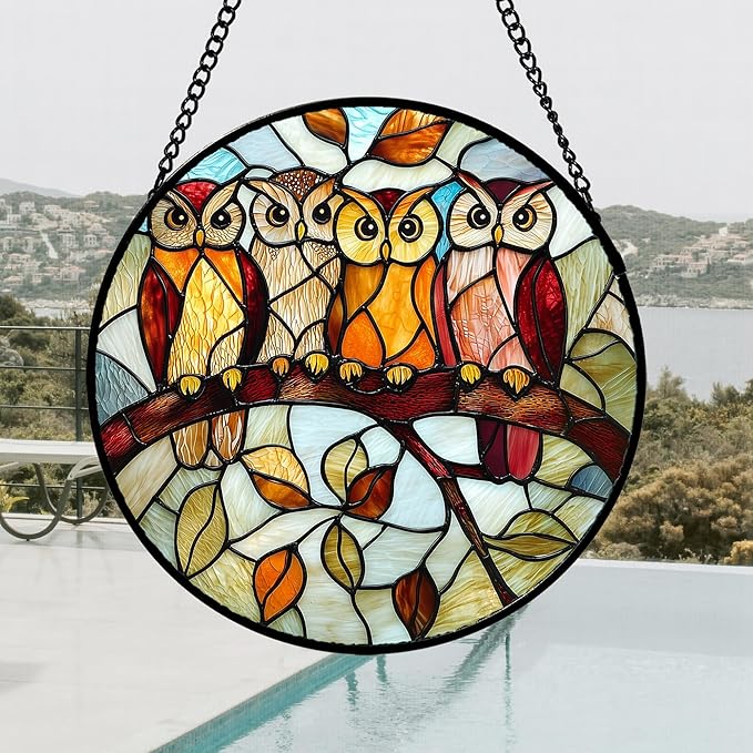 Stained Glass Window Hanging, 4 Owls on a Branch Sun Catcher for Door Home Decor White Brown Bird Suncatcher Christmas Mother's Day Birthday Gifts for Women Men Mom and Nana 9.8 in