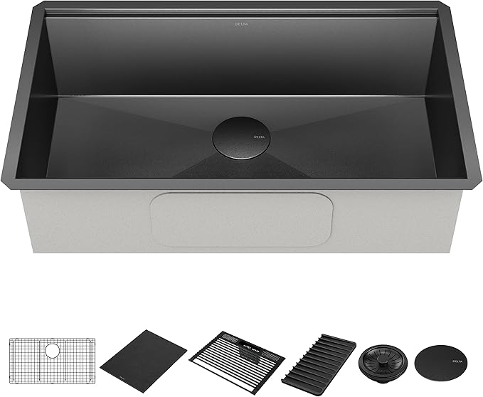 DELTA FAUCET Delta Rivet 32 Inch Black Stainless Steel Undermount 16 Gauge Workstation Kitchen Sink Single Bowl in PVD Gunmetal Finish with WorkFlow Ledge and Accessories, 95B9031-32S-GS