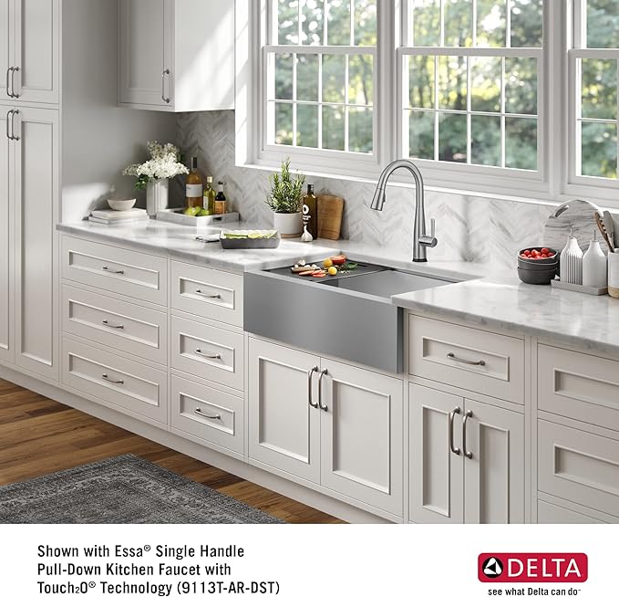 DELTA FAUCET Rivet 33-inch Workstation Farmhouse Apron Front Kitchen Sink Undermount 16 Gauge Stainless Steel Single Bowl with WorkFlow Ledge and Kit of 5 Accessories, 95C9031-33S-SS