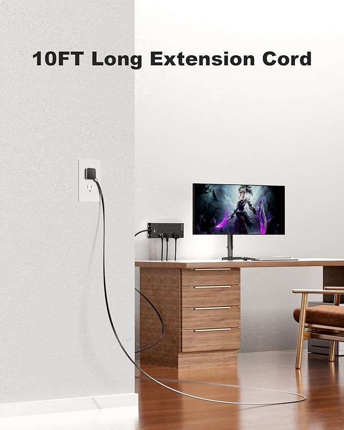 Surge Protector Power Strip 4800J, LeZone 10Ft Long Extension Cord Flat Plug, 20 Outlets 8 USB Ports(4 USB-C), Wall Mountable, Desk Charging Station, Black