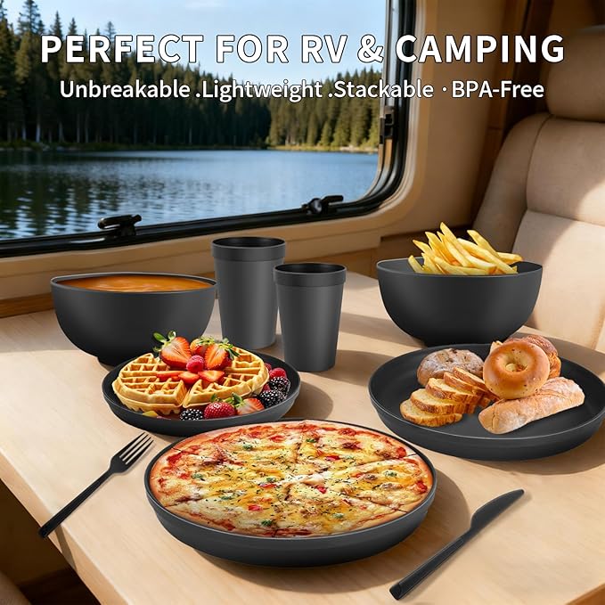 20 Piece RV & Camping Dinnerware Set, Elegant Ceramic-Look Large Bowls & Plates, Unbreakable & 100% Microwave Safe, Melamine Alternative Service for 4, Blue