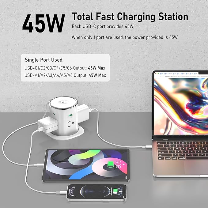 Jgstkcity Pop Up Countertop Outlet Recessed Power Strip with 15W Wireless Charger,45W USB C,3.15 inch Desk Hole,Ideal for Kitchen Island & Conference Table Receptacle (White, 6FT-45W USB Ports)