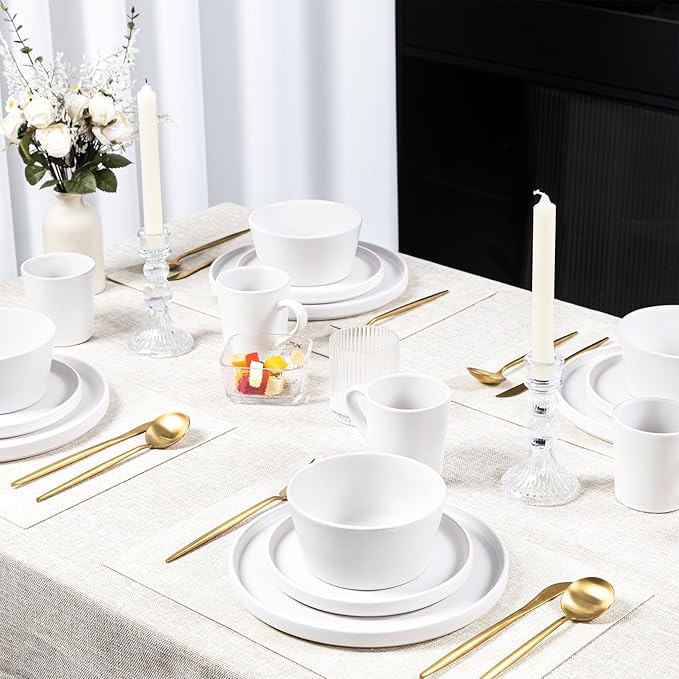 Plates and Bowls Sets for 4 - CJDC-QUELO 16 Piece Stoneware Dinnerware Sets with Mugs, Ceramic Dishware Sets for Kitchen Dining Use, Chip and Scratch Resistant Microwave Dishwasher Safe, White