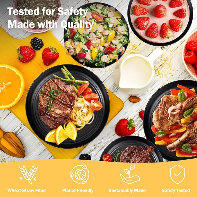 LIYH 24 Pcs Wheat Straw Dinnerware Sets Unbreakable Dinner Plates and Bowls Set Black Plastic Dinnerware Set Include 12Pcs Wheat Straw Plates 6Pcs Bowls 6Pcs Cups Dish Set for Kitchen&Camping