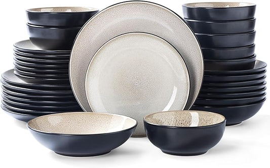 Plates and Bowls Sets for 8 - CJDC-QUELO 32-Piece Stoneware Dinnerware Sets, Ceramic Dishware Set for Indoor Kitchen Use and Formal Dining, Chip and Scratch Resistant Microwave Dishwasher Safe, Brown