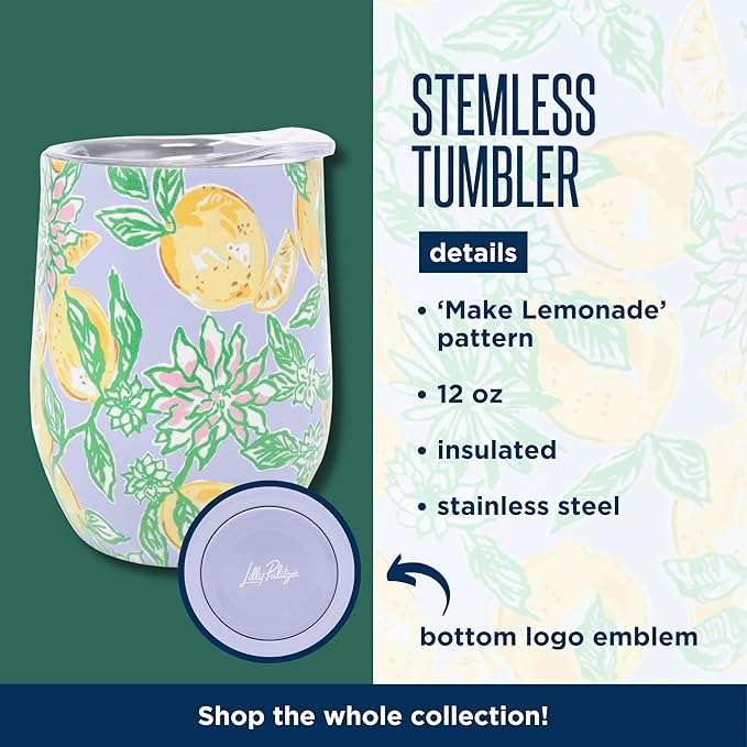 Lilly Pulitzer 12 Oz Insulated Tumbler with Lid, Yellow/Green Stainless Steel Travel Wine Glass, Double Wall Metal Cup, Make Lemonade
