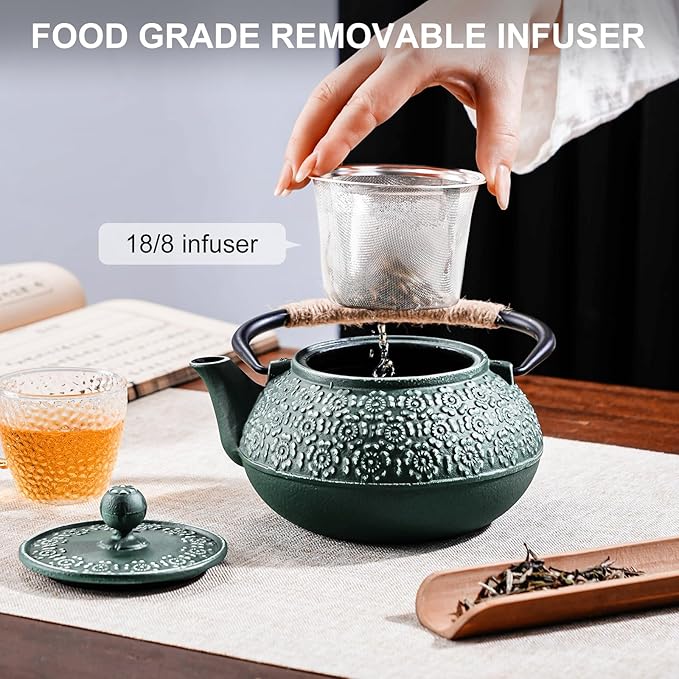 PARACITY Cast Iron Teapot Japanese 30.5 OZ,Tea Kettle Pot for Stove Top,Tea Pot with Stainless Steel Infusers for Loose Tea,Boiling Hot Water Tea, Mothers Day Gifts from Daughter/Son (Green)