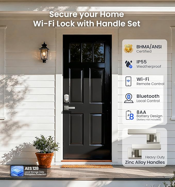 Veise VE012W-L Built-in WiFi Fingerprint Smart Lock with Lever Handle Set, App Remote Control, Keyless Entry for Front Door, Deadbolt Digital Backlit Keypad, Voice Assistant, Auto Lock, Satin Nickel
