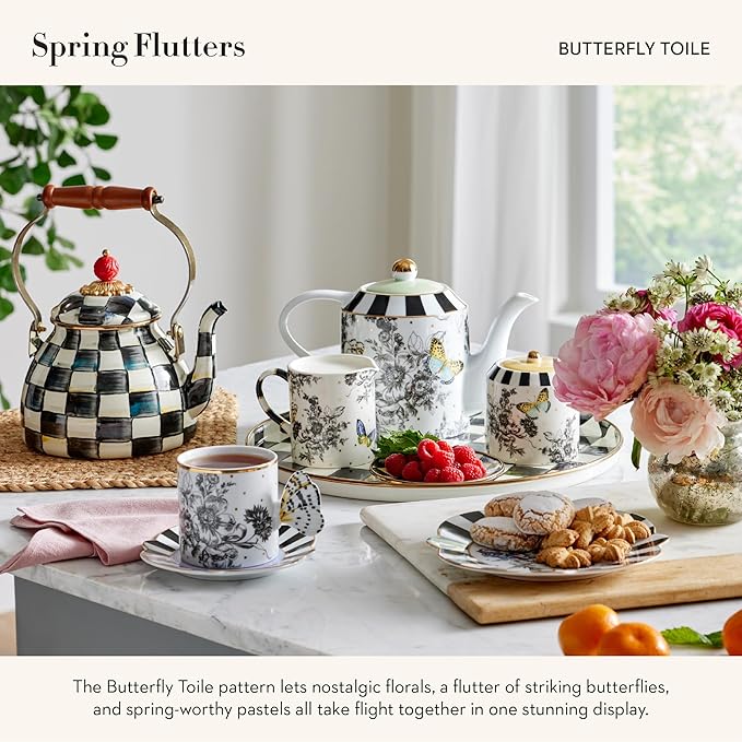 MACKENZIE-CHILDS Set of 3 Ceramic Canisters, Lidded Kitchen Canister Set, Butterfly Toile