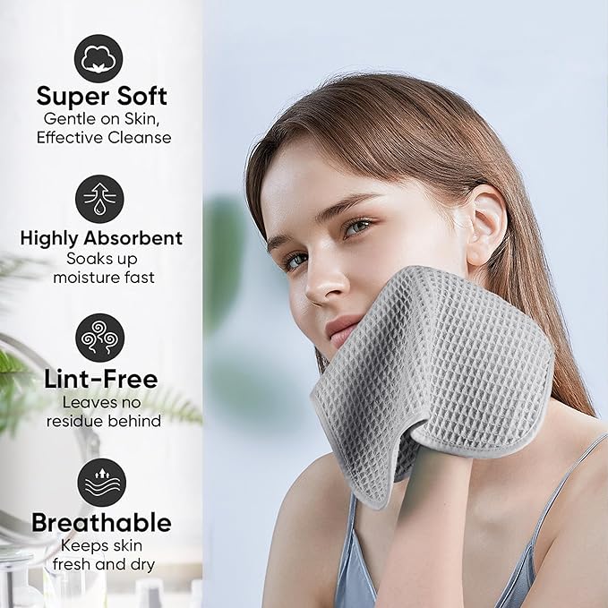 Microfiber Waffle Face Towels, 4 Pieces, Soft, Absorbent, Fast Drying, Lint Free (Silver)