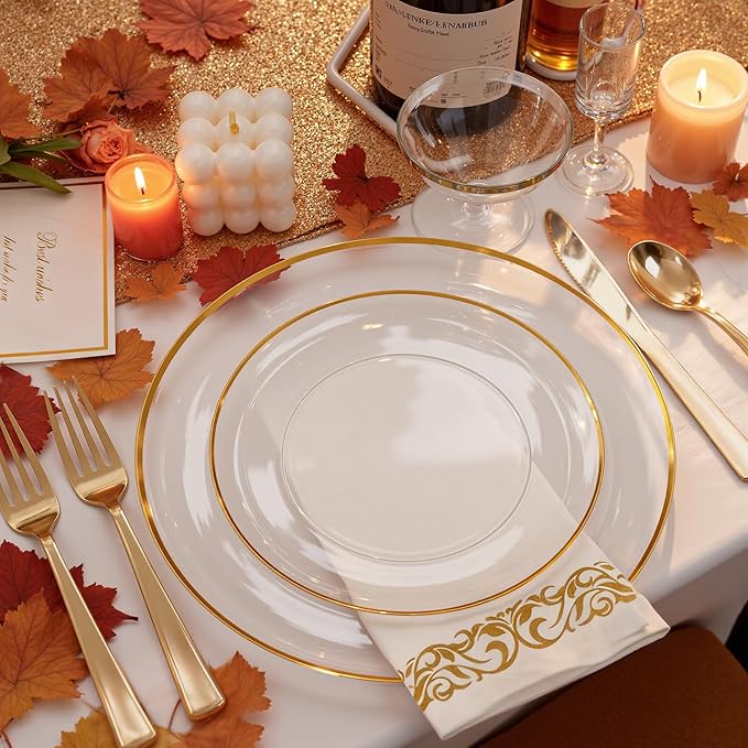 NOCCUR 350PCS Clear and Gold Plastic Plates - Gold Disposable Plastic Dinnerware Set for 50 Guests Include 100 Plastic Plates, 150 Gold Cutlery, 50 Cups&50 Napkins Idea for Party/Christmas