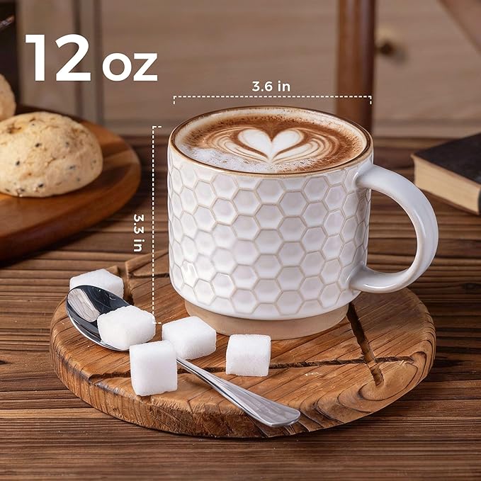 GBHOME 12OZ Stackable Coffee Mugs, Ceramic Coffee Mugs with Texture Patterns for Man,Woman,Dad,Mom, Modern Coffee Mugs Set of 4 for Latte/Cappuccino/Cocoa. Dishwasher&Microwave Safe, Off White