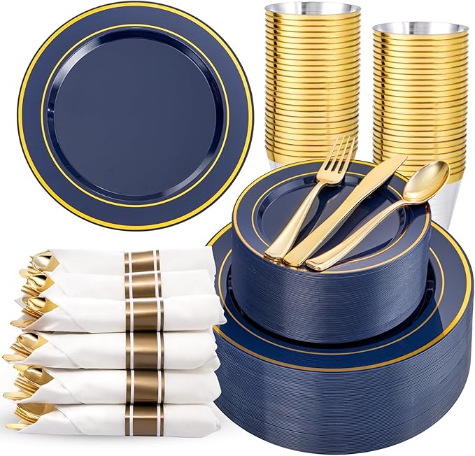 350PCS Navy Blue and Gold Plastic Plates with Rolled Napkins Include Dinner Plate 10’’, Dessert Plate 7’’, gold Cups 9 OZ, Pre Rolled Napkins 25 of each type for Hanukkah Wedding