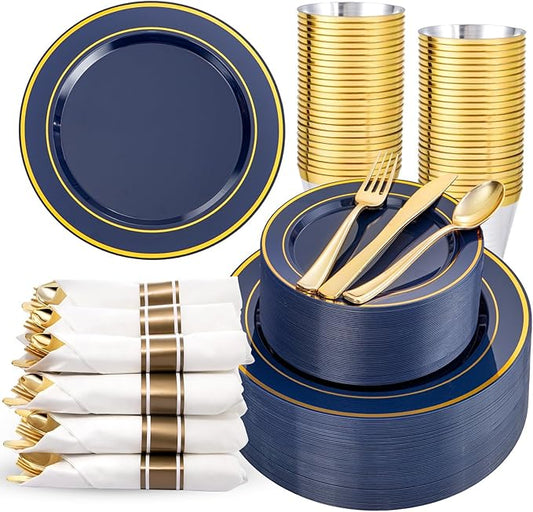350PCS Navy Blue and Gold Plastic Plates with Rolled Napkins Include Dinner Plate 10’’, Dessert Plate 7’’, gold Cups 9 OZ, Pre Rolled Napkins 25 of each type for Hanukkah Wedding