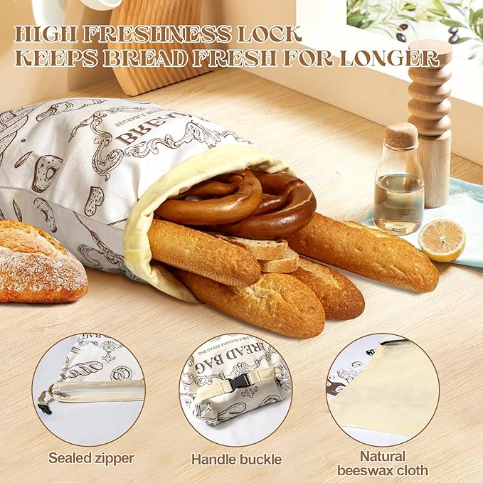 2 Pack Bread Bag for Homemade Bread,17“x12 Reusable Beewax Food Storage Bags with Beeswax Lining,Natural Cotton Storage Bag Sourdough Bread Bags,XL Beeswax Bread Bag for Fresh Bread Storage