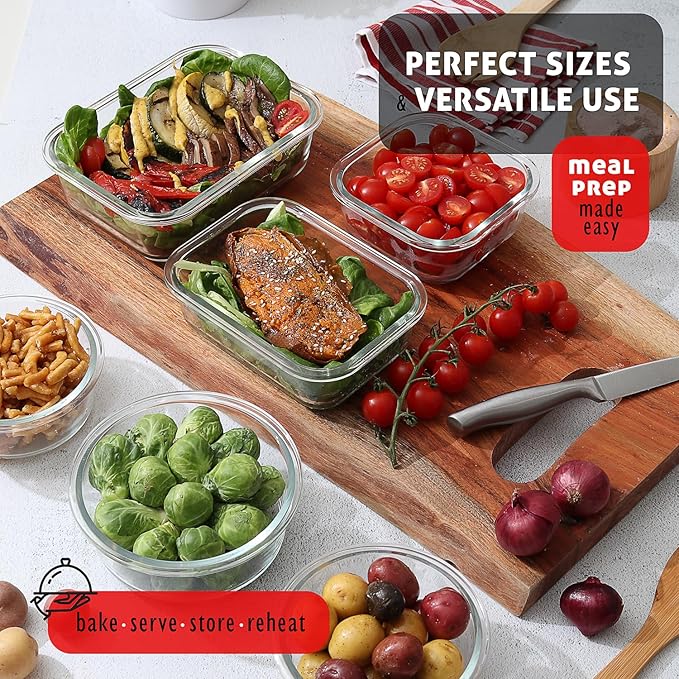 EATEX 48pc Glass Storage Containers with Lids, 24 Set Glass Food Storage Containers with 24 Airtight Lids, Pantry Kitchen Meal Prep Containers for Lunch, Freezer Storage Containers, Dishwasher Safe