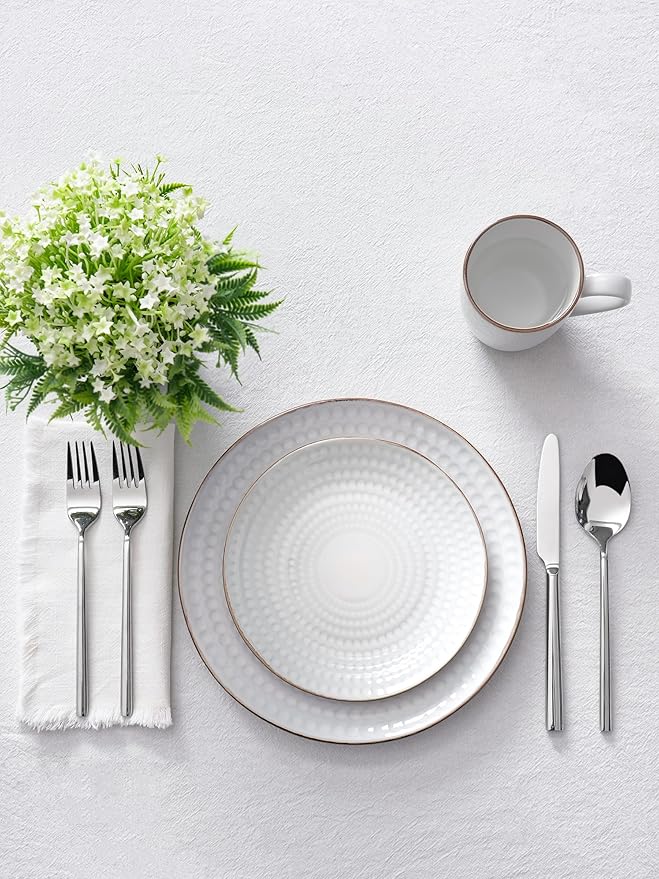 Famiware Eden Plates and Bowls Sets, Stoneware Dinnerware Sets with Gold Trim, 12 Pieces Dishes Set for 4 - Chip and Scratch Resistant, Microwave and Dishwasher Safe, White Circle