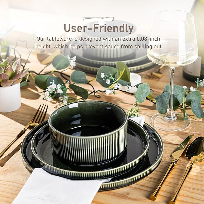 GBHOME Stoneware Dinnerware Sets for 4,Round Reactive Glaze Ceramic Plates and Bowls Set,Highly Scratch Resistant | Dishwasher & Microwave Safe Dishes Set,Service for 4(12Pcs),Earth Green