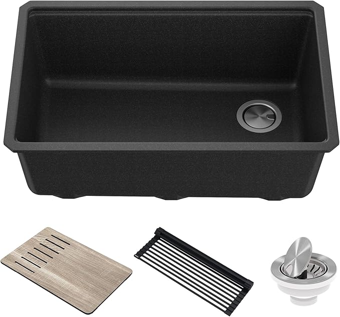 KRAUS Bellucci 30” in. Undermount Workstation Granite Kitchen Sink in Metallic Black with Accessories, KGUW2-30MBL