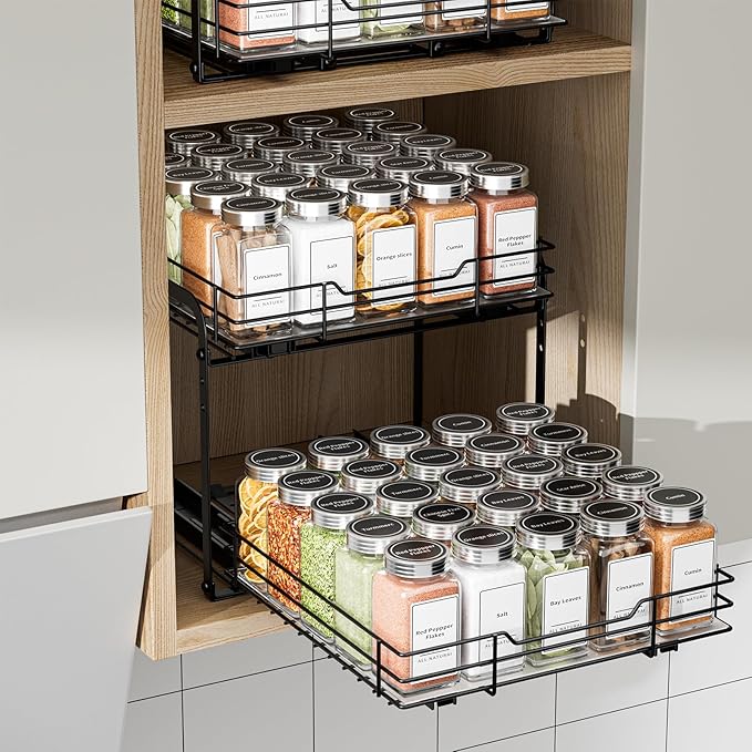 2-Tier Spice Rack Organizer, Pull Out Spice Rack for Cabinet, Height Adjustable Heavy Duty Metal Basket for Inside Cabinet & Pantry (11.5''Wx10.5''Dx9.5''H)