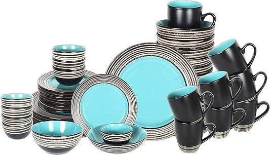 48 Piece Dinnerware Set, Ceramic Plates and Bowls Sets for 8, Microwave and Dishwasher Safe, Handcrafted Tree Bark Series Dish Set, Turquoise
