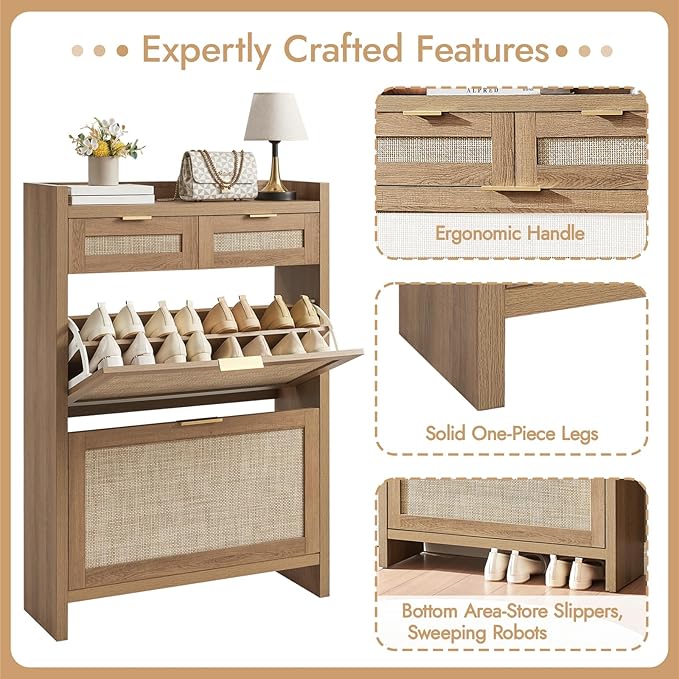 Rattan Shoe Storage Cabinet with 2 Drawers & 2 Flip Drawers – Hidden Slim Shoe Organizer for Entryway, Large Tabletop Space, Farmhouse Boho Narrow Shoe Rack, Rustic Oak
