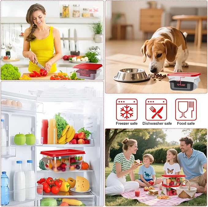 Airtight Square Food Storage Containers with Lids 4-Pack, Lock-Tight Seal for Flour, Sugar, Cereal, Keep Food Fresh, BPA-Free Stackable Kitchen Canisters with Measurements (Red, 2QT-4PACK)