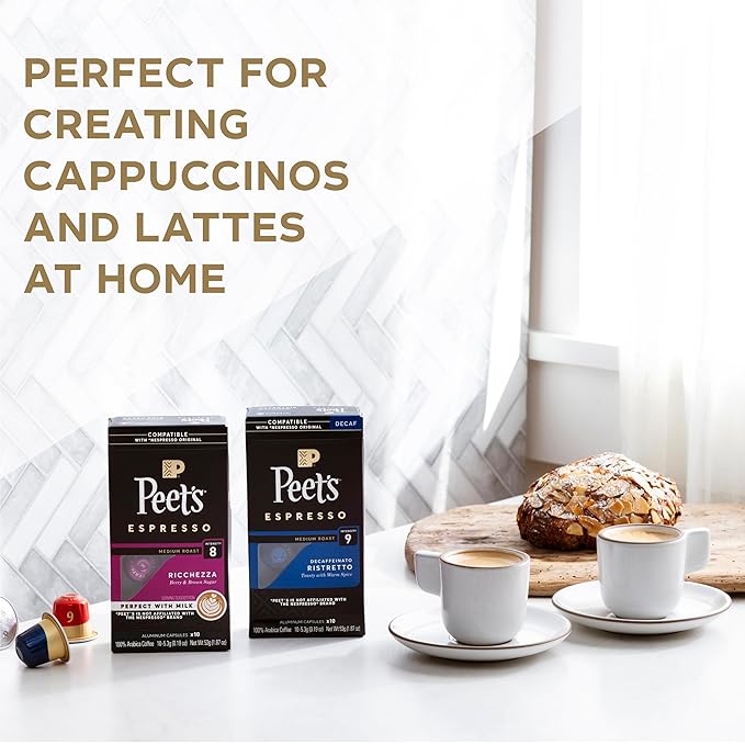 Peet's Coffee, Medium Roast Decaf Espresso Capsules, Compatible with Nespresso Original Machine - Decaf Ristretto Intensity 10, 50 Count (5 Boxes of 10 Espresso Capsules)