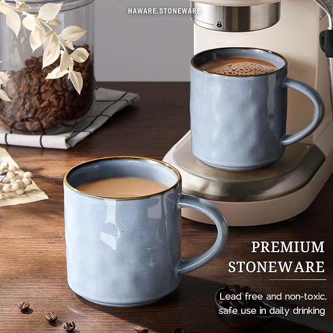HaWare 14OZ Coffee Mugs Set of 4, Stoneware Coffee Cups with Handle, Latte Mug for Man, Woman, Dad, Mom, Modern Tea Mugs for Latte/Cappuccino/Cocoa/Milk, Dishwasher& Microwave Safe, Reactive Blue