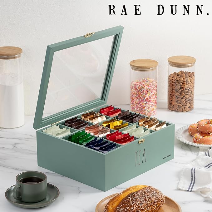 Rae Dunn Tea Bag Organizer - Tea Box Divided Storage Container Box with Hinge Lid for Kitchen Cabinet, Countertop, Pantry, Hold Coffee Pods, Seasoning Packets, Condiments, Sage