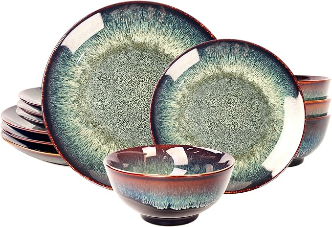 Dinner Set 12 Pieces - Round Reactive Glaze Tableware - Kitchen Dinnerware Porcelain Crockery with Dinner Plate, Bowl and Soup Plate Service for 4, Microwave Dishwasher Safe, Set (No.2)