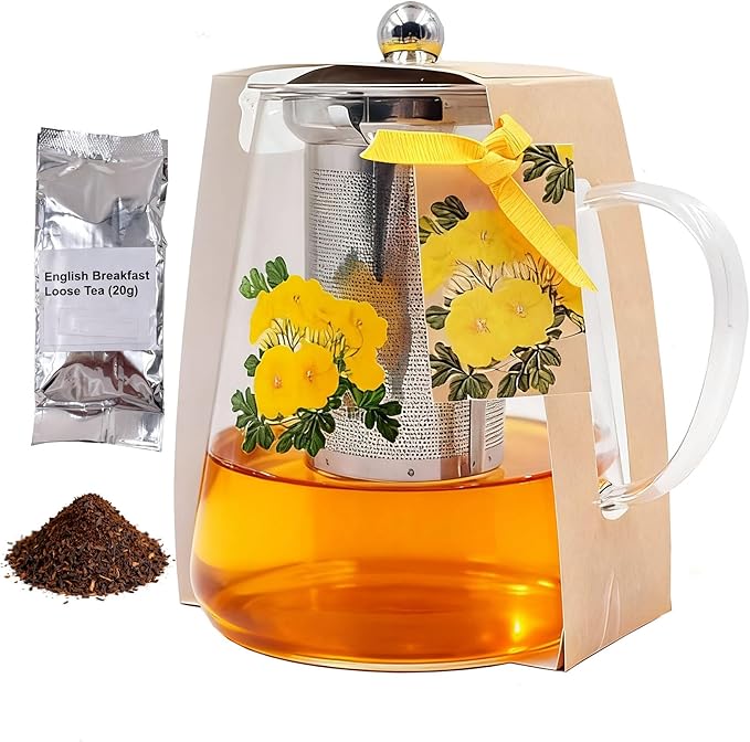 Glass Teapot Stovetop with English Breakfast Tea, 34OZ High Temperature Resistant Borosilicate Clear Tea Kettle with Infuser as Birthday & Christmas Gifts for Women and Men (Transparent)