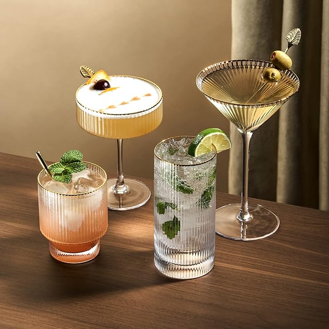 Viski Meridian Martini Glasses - Stemmed Fun Cocktail Glasses - Art Deco Ripple Gold Rimmed Crystal Glassware - 7.8oz Set of 2