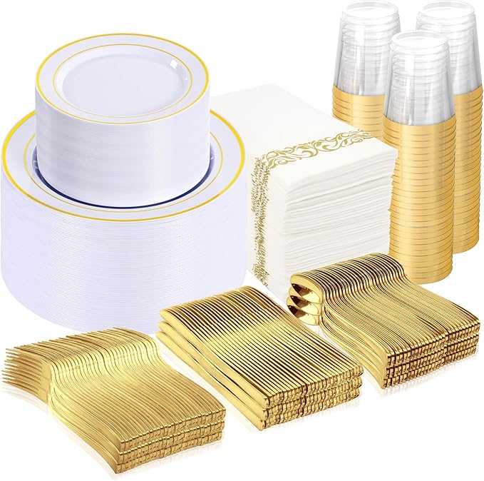 Supernal 800Pcs Gold Plastic Dinnerware Set, White Elegant Plastic Plates, Heavy Duty Disposable Plates Serve 100 Guests Including Dinner & Dessert Plate, Gold Silverware, Cups and Napkins for Wedding