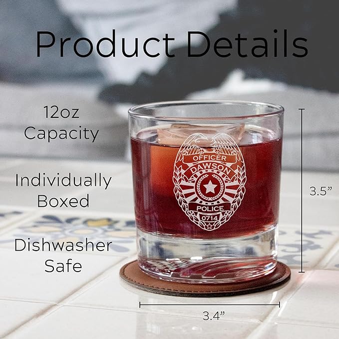 Personalized Police Officer Whiskey Glass, Custom Name & Number Old Fashioned Glass, 12oz Engraved American Flag Drinkware, Gift for Men Dad Retirement (Whiskey, 1-Police)