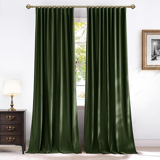 NICETOWN Olive Green Blackout 120 inch Long Velvet Curtains for Bedroom, Floor to Ceiling Room Darkening Privacy Protection Multiple Hanging Options Pleat Tab Window Drapes, 52 Wide Each Panel, 2 Pcs