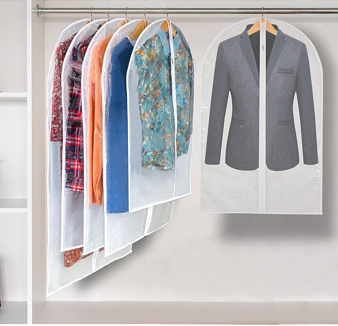 Clear Garment Bag Suit Bags for Closet Storage, Vinyl Garment Bags for Hanging Clothes, Coat Covers for Closet with Zipper and Plastic Garment Bags for Hanging Clothes - 24'' X 40''/6 Pack