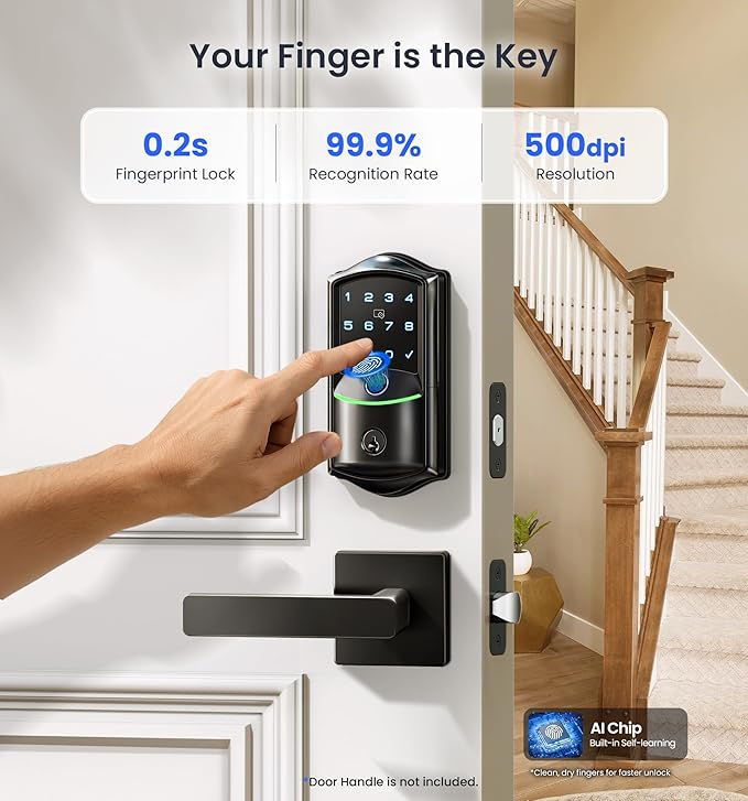 Veise VE027 Built-in Wi-Fi Smart Lock, Fingerprint Keyless Entry Front Door Lock, App Remote Control, No Hub Needed, Keypad Deadbolt, IP65 Waterproof, BHMA Grade 3, Matte Black